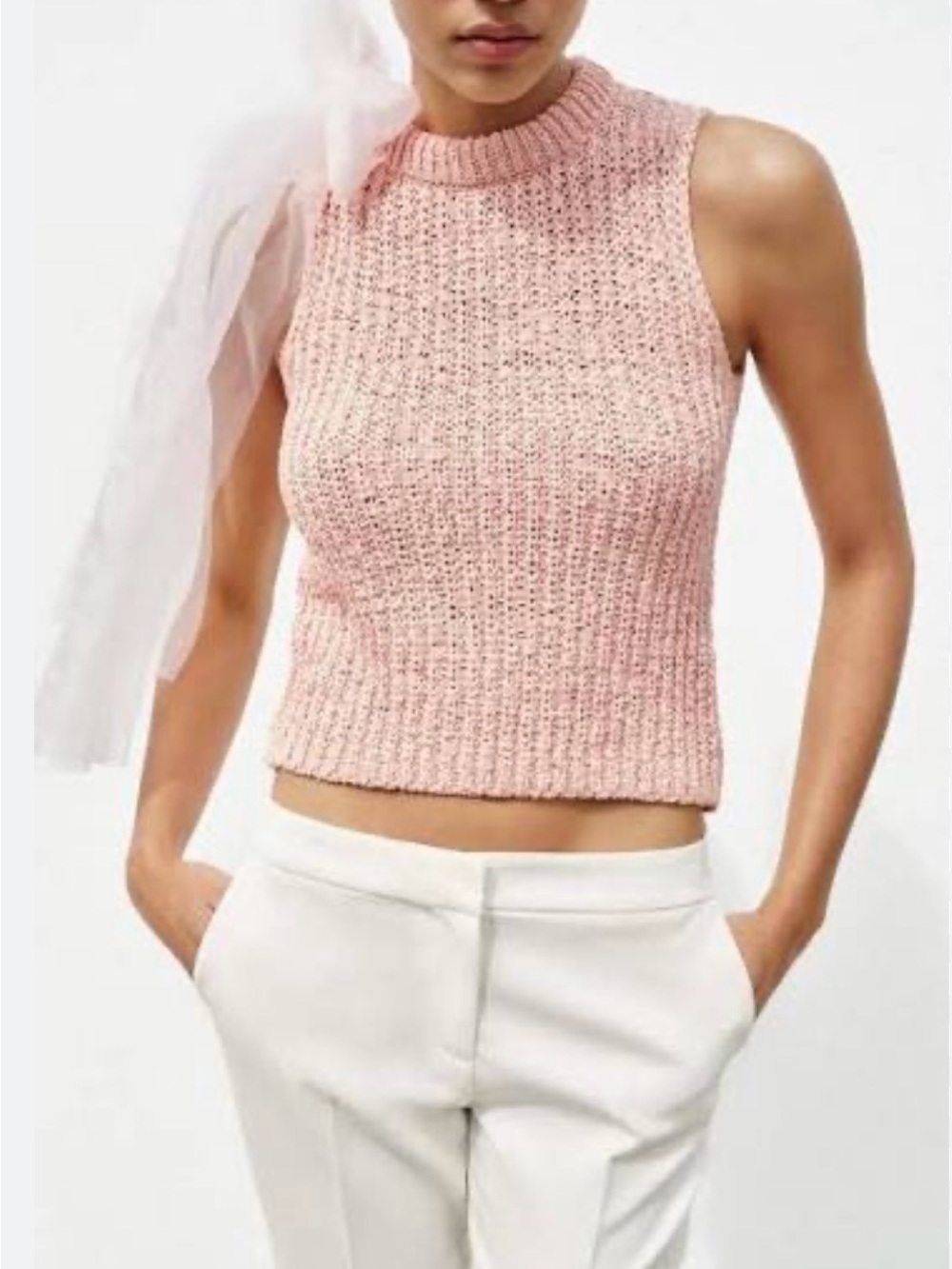 New with tags! Zara Pink Knit Top With Organza Bow - Picture 1 of 3